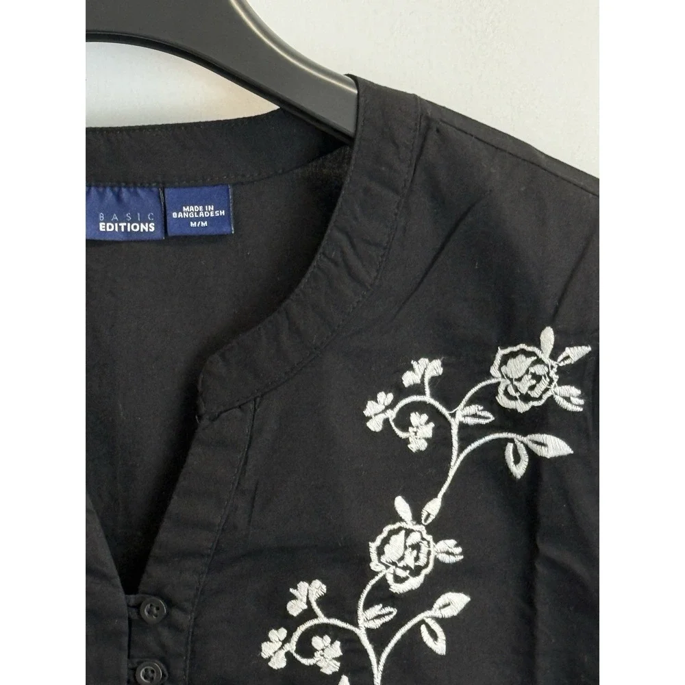 Basic Editions‎ Women's Blouse Size M Black White Floral Embroidery Cotton Shirt